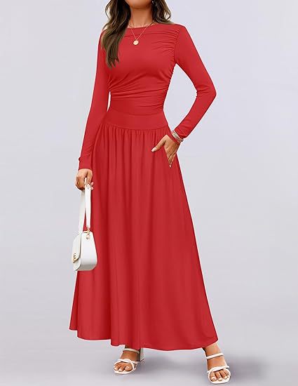 Damen Langärmliges Maxikleid mit eleganten Rüschendetails und praktischen Taschen ModeGeist