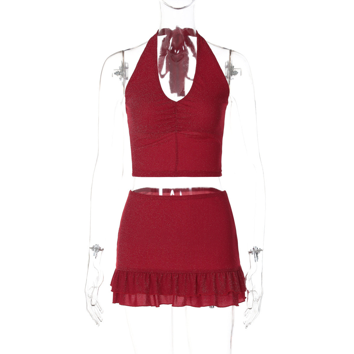 Glitzersticker Damen Crop-Top und Rock Set mit Rüschen