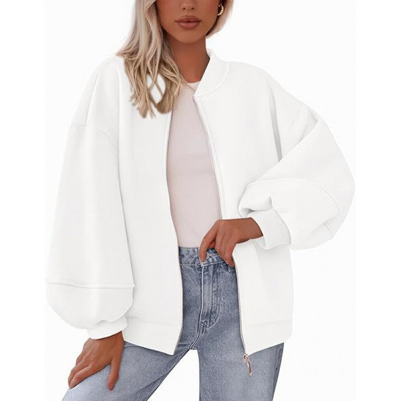 Damen lässige Oversized-Jacke mit Reißverschluss und ballonen Ärmeln ModeGeist