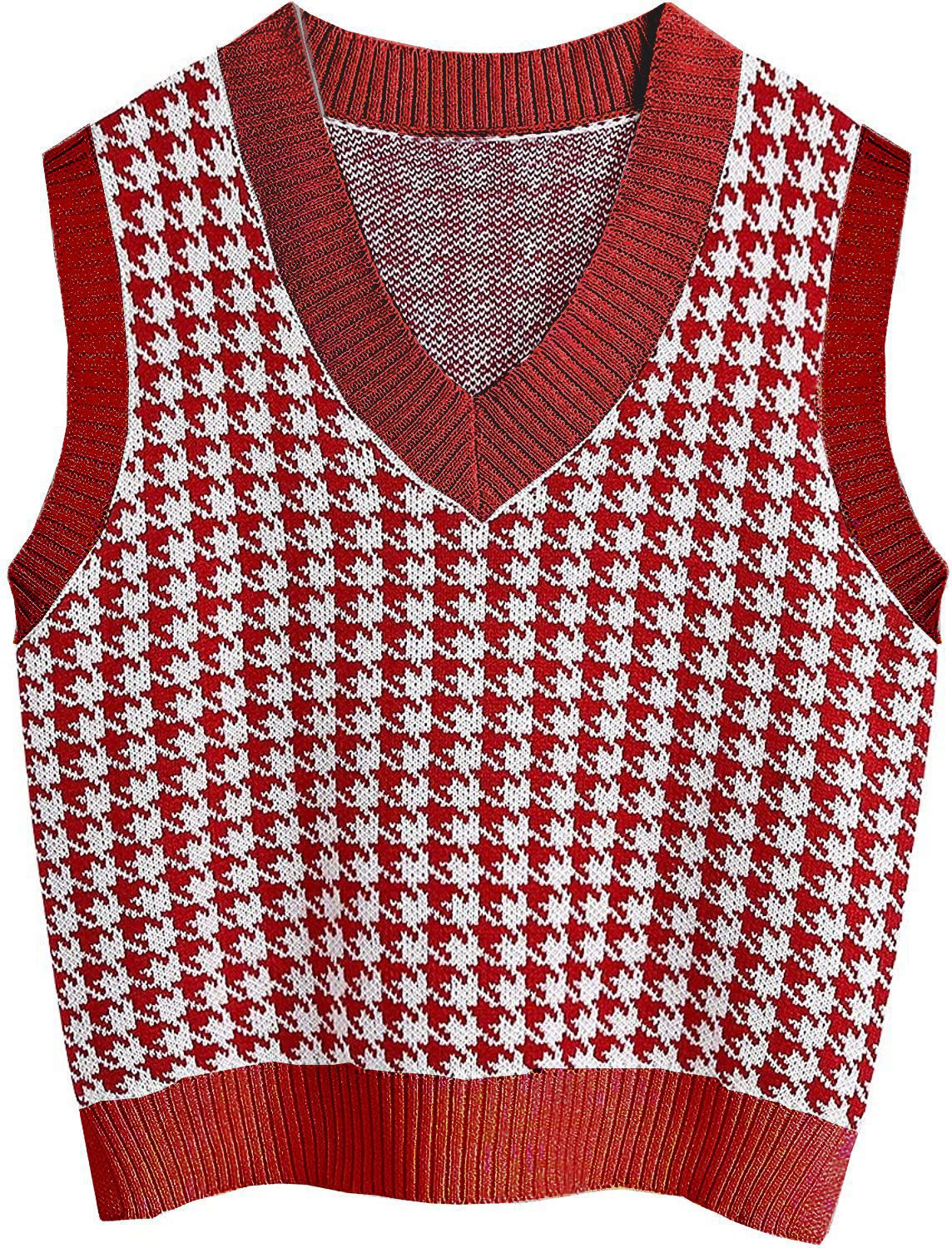 Damen ärmellose Strickweste mit modernem Hahnentrittmuster ModeGeist