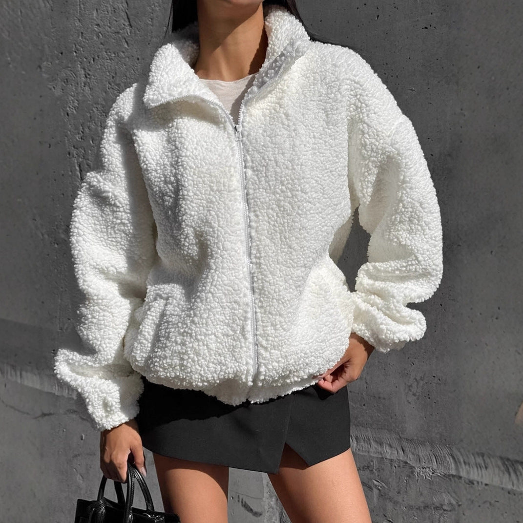 Damen Teddyjacke mit hohem Kragen und voluminösen Ärmeln ModeGeist