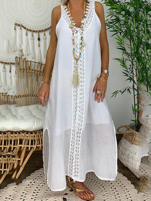 Damen Maxi-Strandkleid mit elegantem Spitzenbesatz und seitlichen Schlitzen ModeGeist