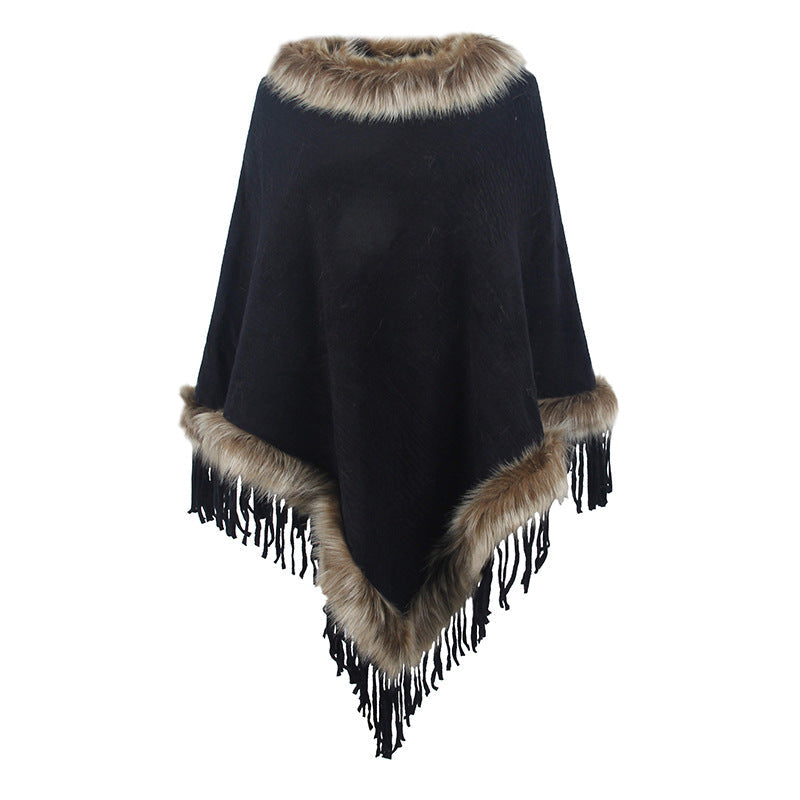 Damen eleganter Poncho mit luxuriösem Kunstfellkragen und dekadenten Fransen ModeGeist
