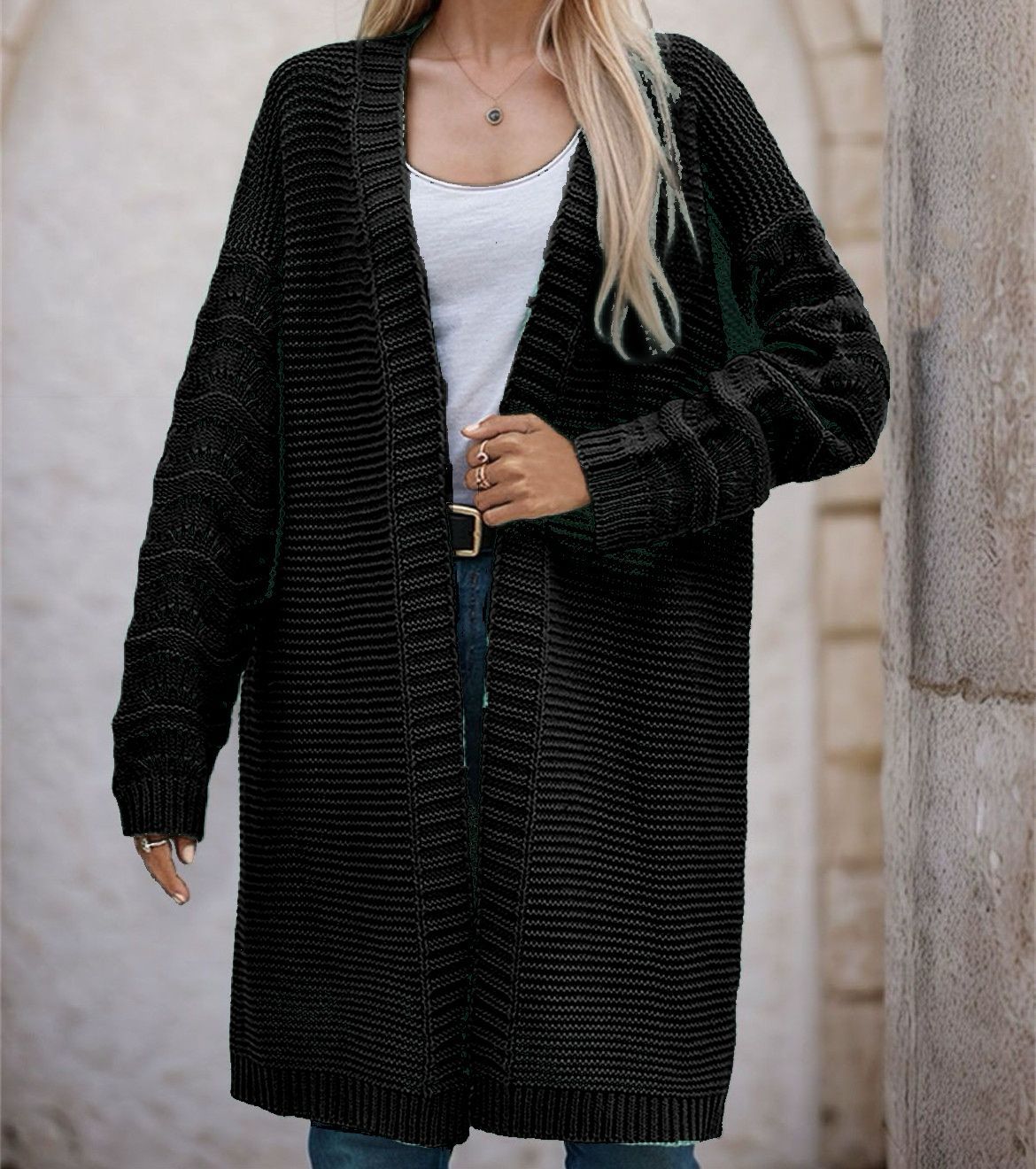 Damen Langer Strickcardigan mit luftiger Maschenstruktur und offener Front ModeGeist