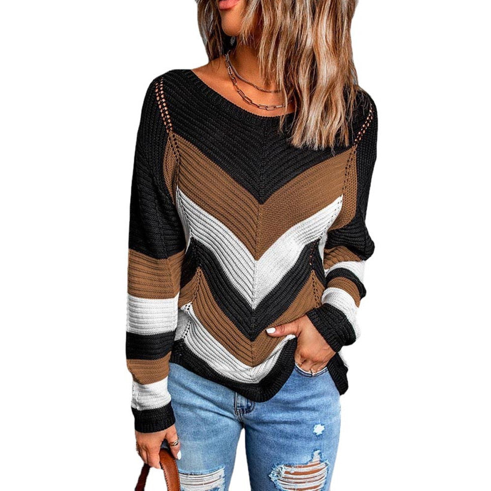 Damen Lässiger Strickpullover mit Chevron-Muster und luftigem Schnitt ModeGeist