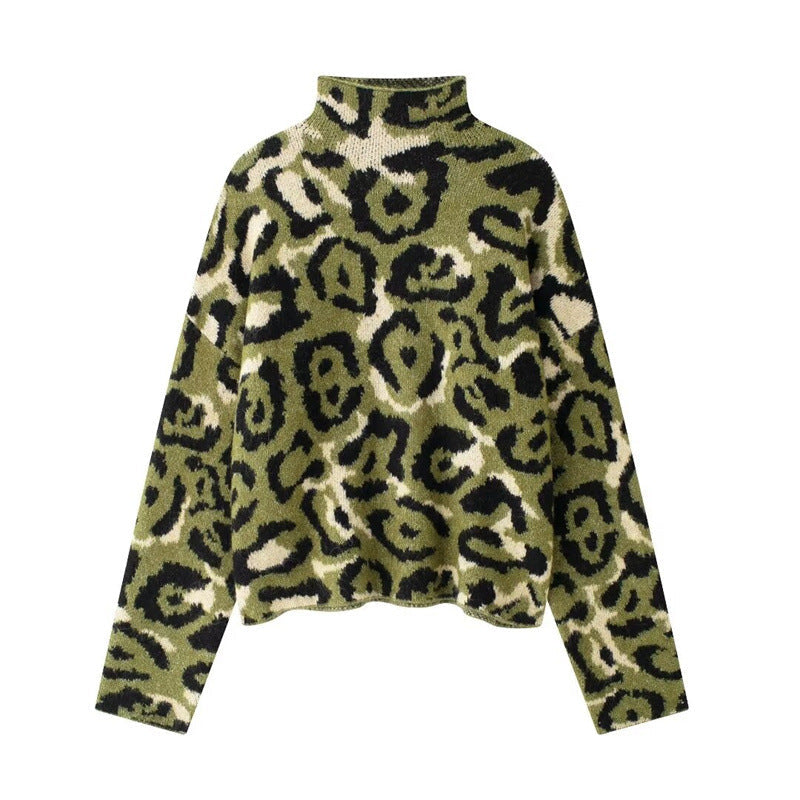 Damen Weicher Pullover mit Leopardenmuster und hohem Kragen ModeGeist