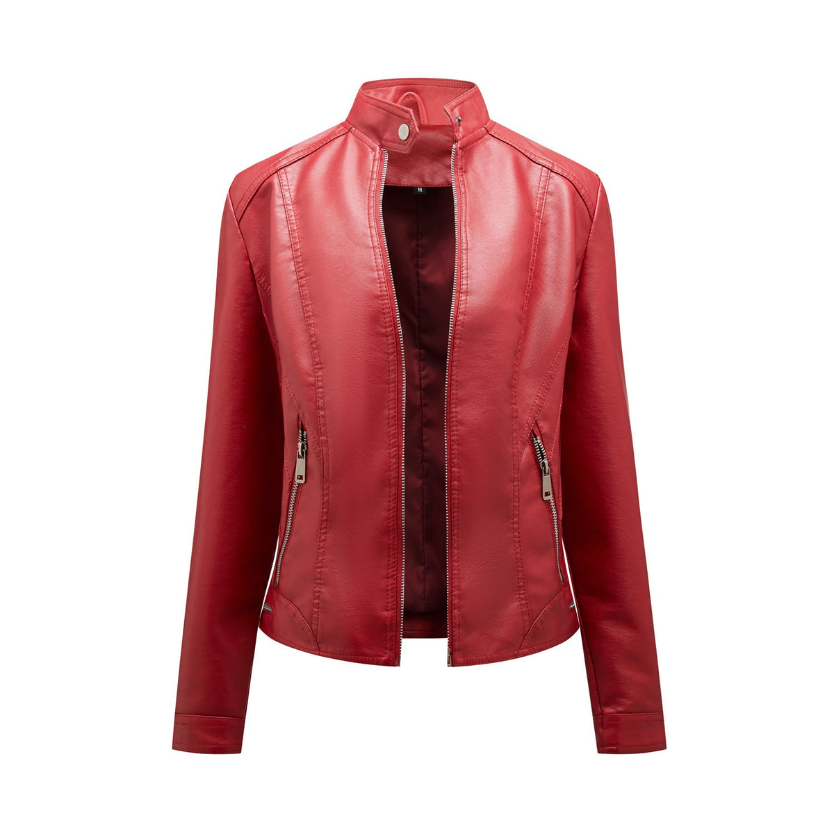 Damen modische Kunstlederjacke mit elegantem Stehkragen und praktischen Reißverschlusstaschen ModeGeist
