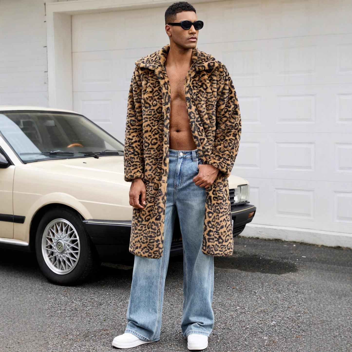 Herren Luxus Kunstpelzmantel mit Leopardenmuster ModeGeist