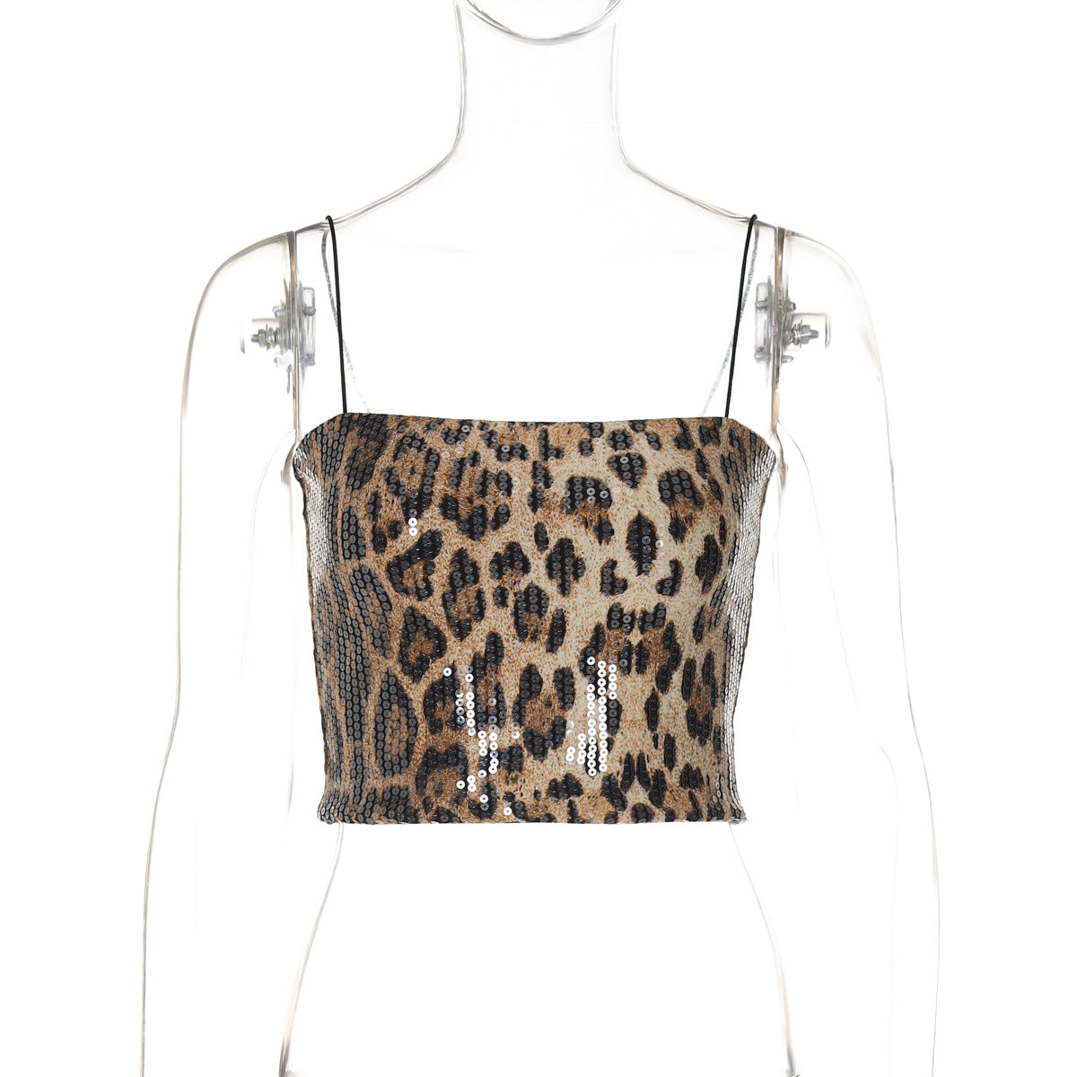Modisches, glitzerndes Leoparden-Crop-Top mit Spaghettiträgern für Damen