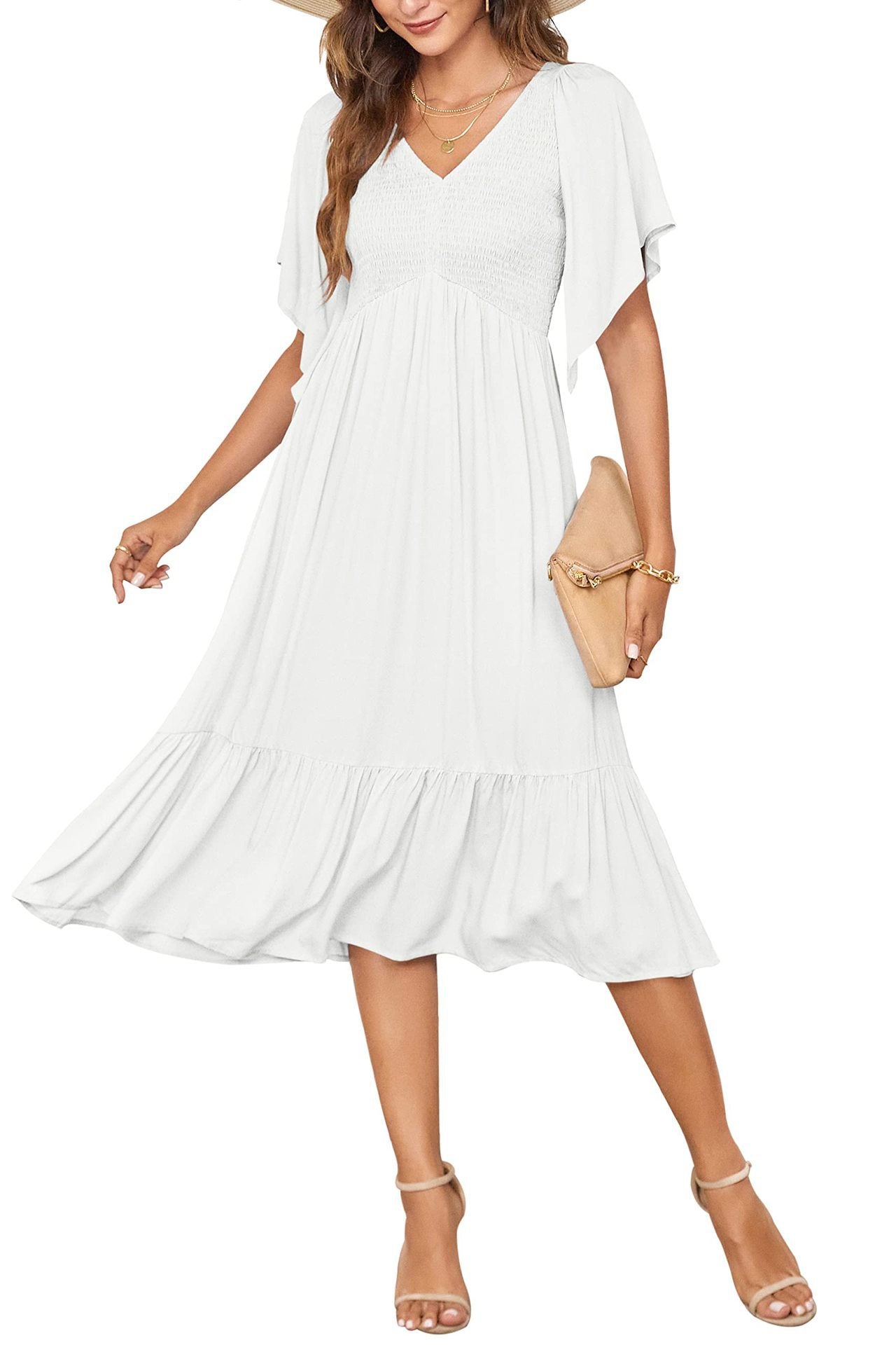 Elegantes Maxikleid mit flatternden Volantärmeln und V-Ausschnitt von MODEGEIST