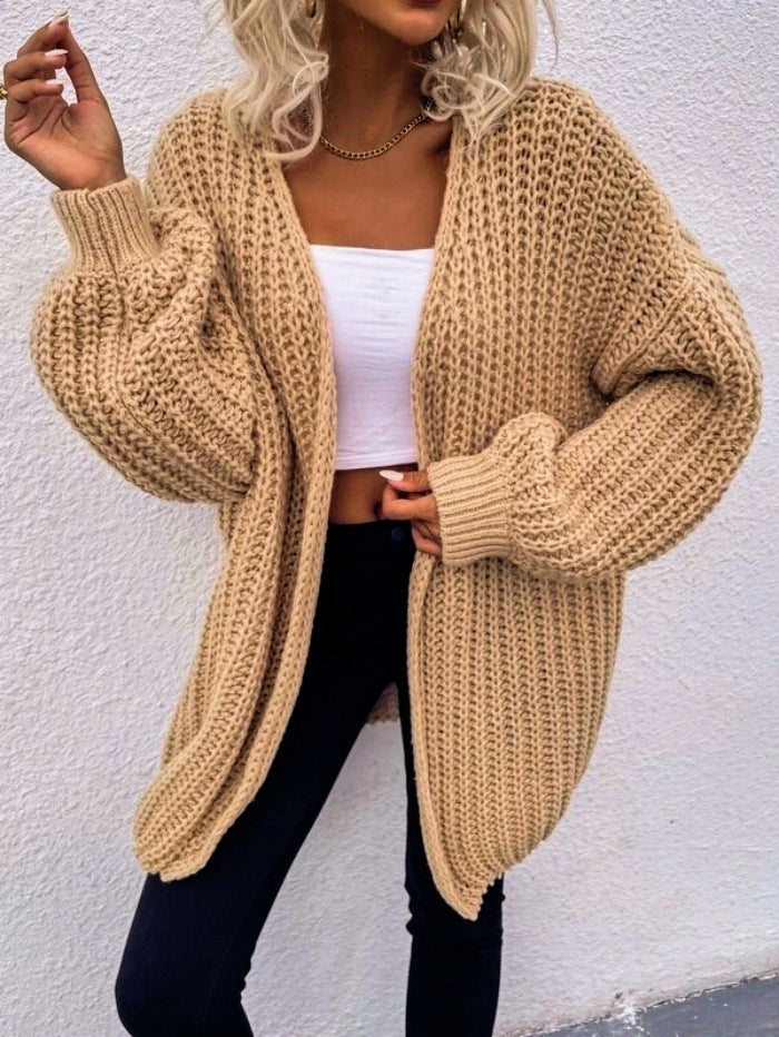 Damen lässiger Grobstrick-Cardigan mit tiefen Taschen und voluminösen Ärmeln ModeGeist