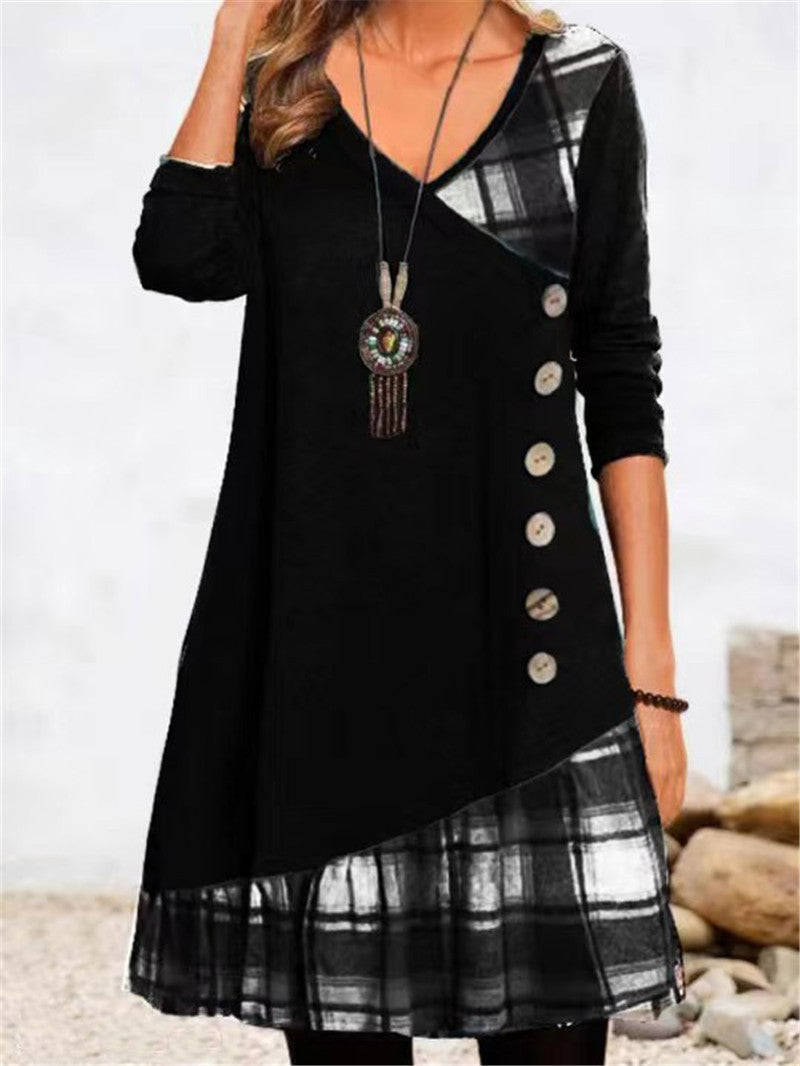 Damen asymmetrisches Freizeitkleid mit kariertem Saum und Knopfdetail ModeGeist