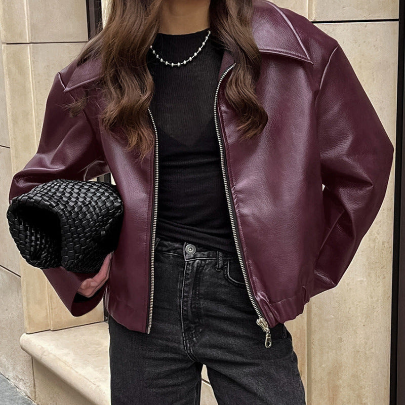 Damen Kunstlederjacke mit Oversized-Schnitt und klassischem Kragen ModeGeist
