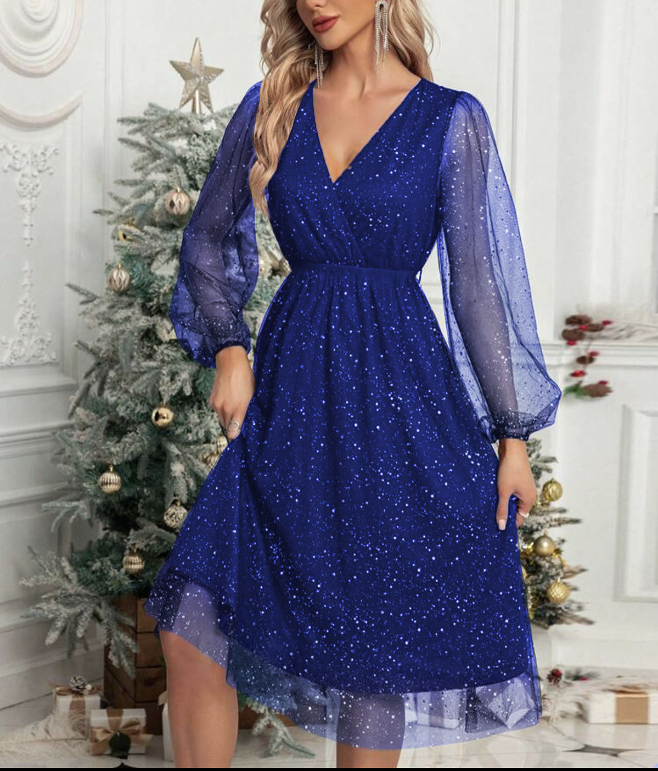Damen Glamouröses Midikleid mit transparenten Puffärmeln und schimmerndem Paillettenmuster ModeGeist