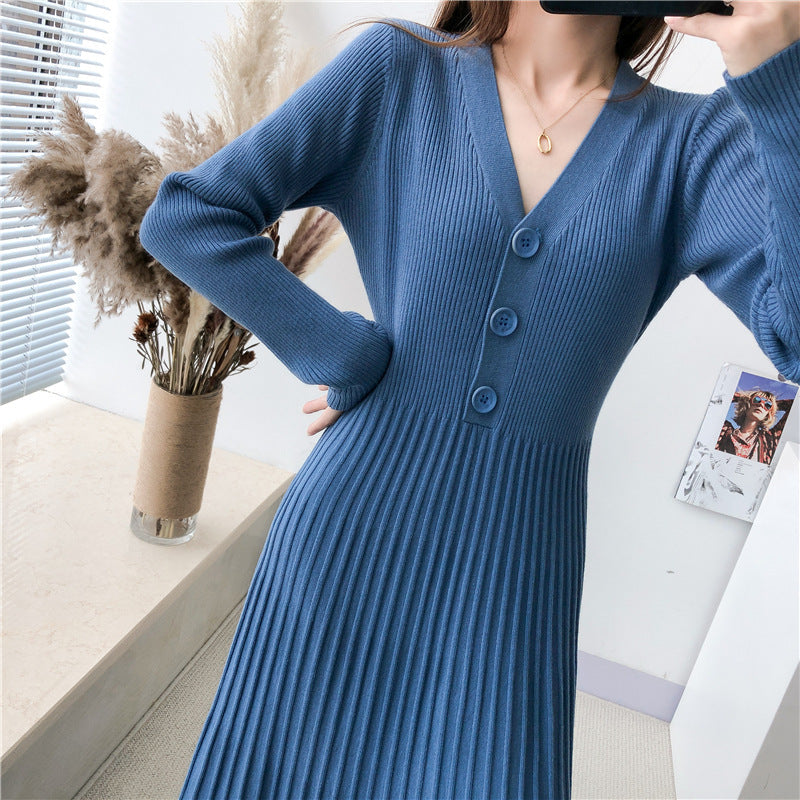 Damen Strickkleid mit Knopfverschluss und gerippter Struktur ModeGeist