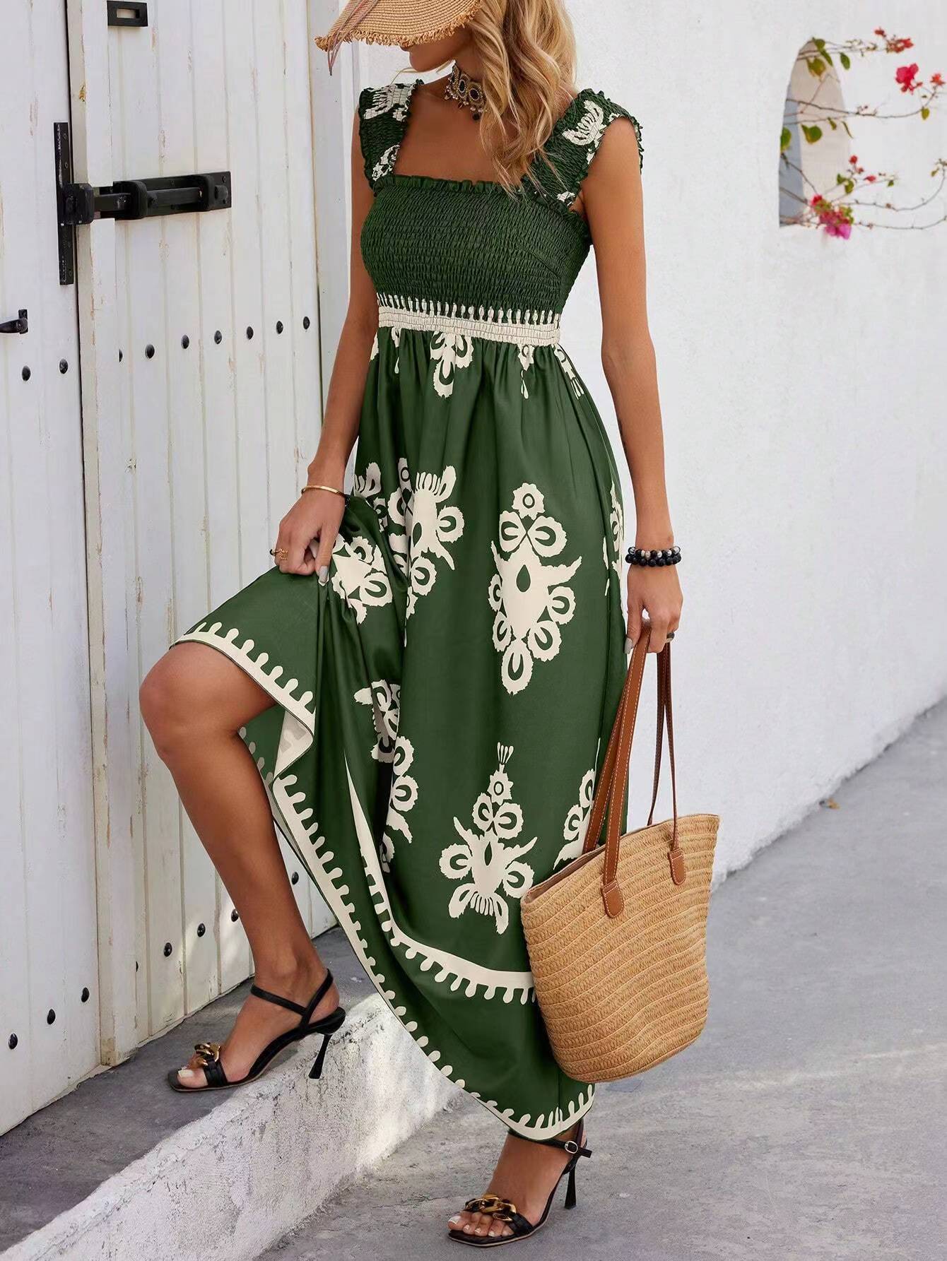 Maxikleid für Damen mit floralem Ikat-Print und weitem Rock von MODEGEIST