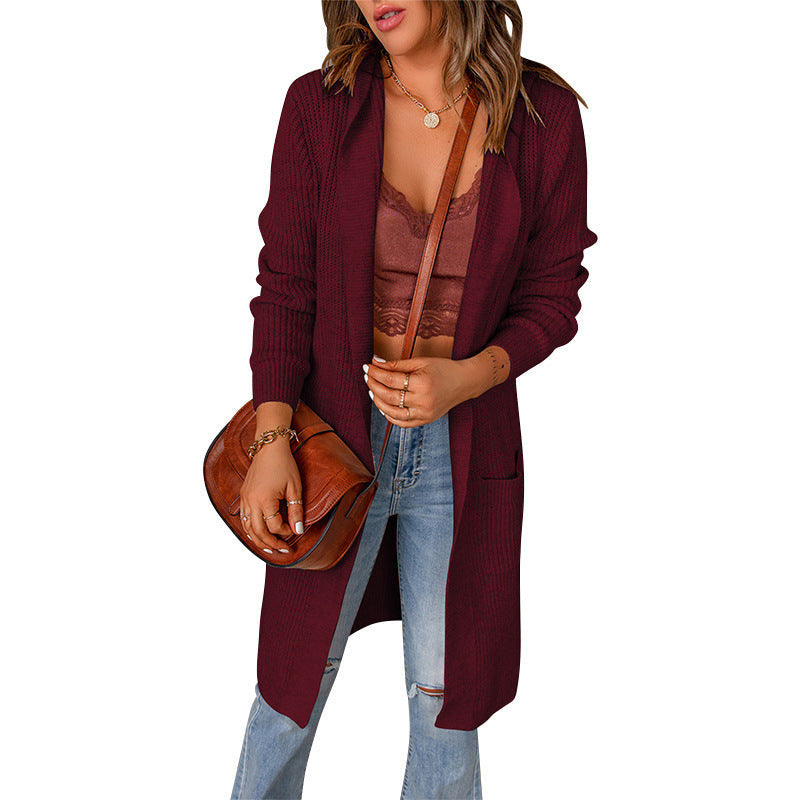 Damen lange Strickjacke mit offenen Kanten und Taschen ModeGeist