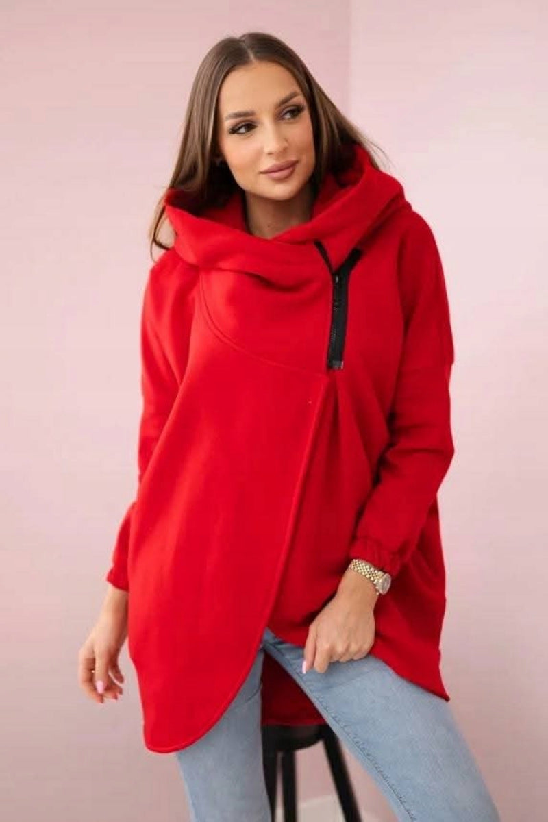 ModeGeist | Asymmetrische Reißverschluss Kapuzenfleece Sweatjacke