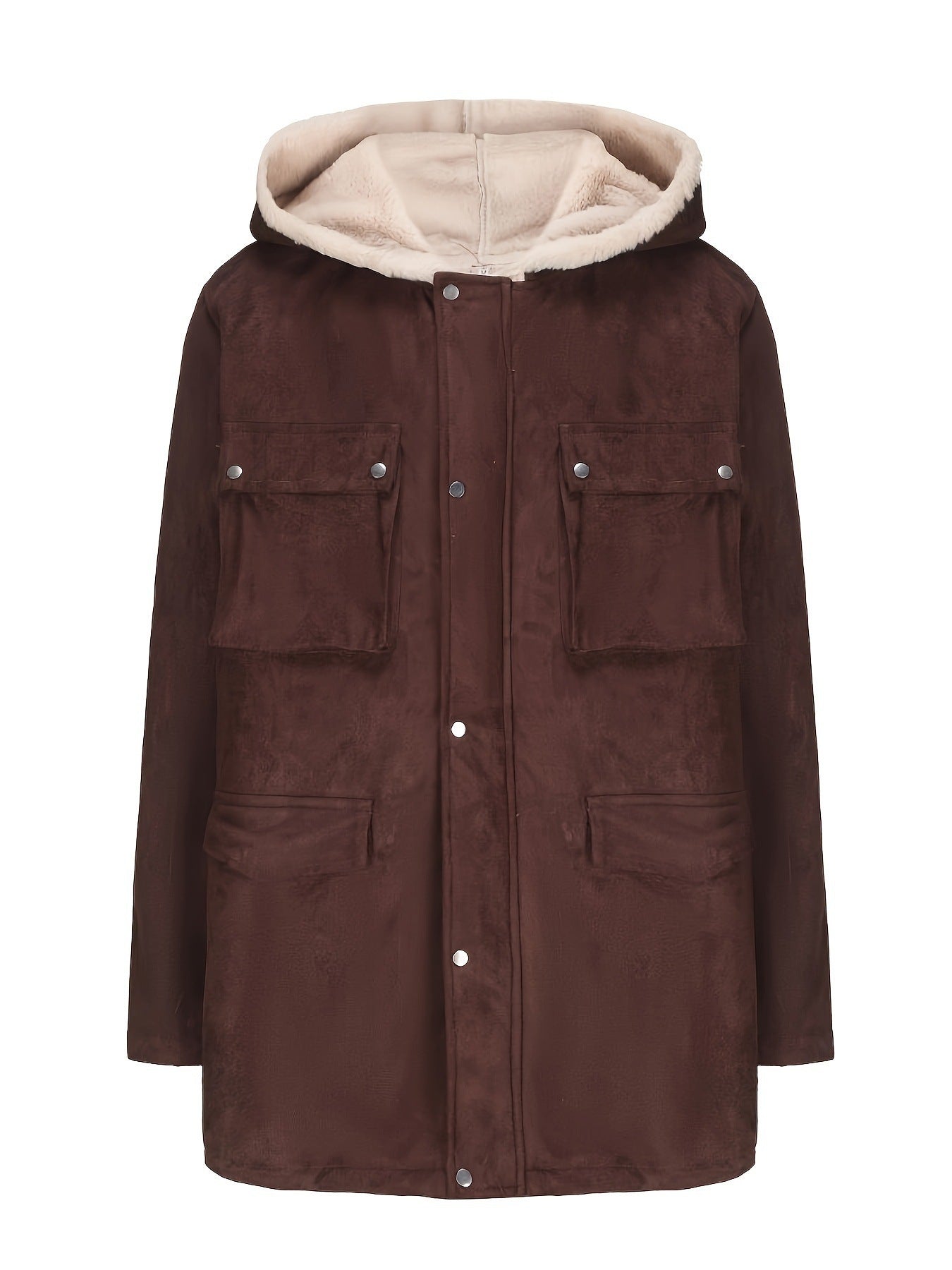 Damen warme Outdoorjacke mit Innenfutter aus Kunstfell und großen Taschen ModeGeist