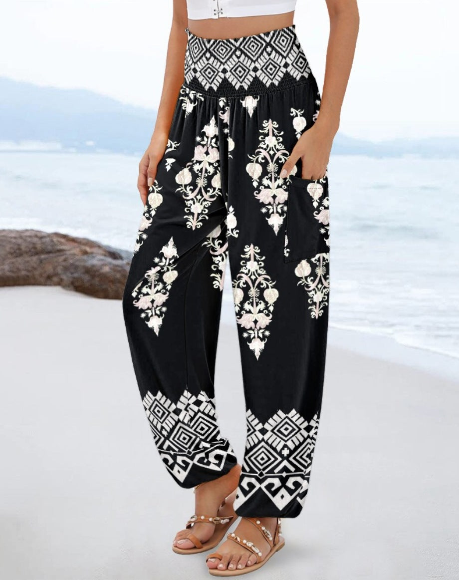 Elegante, bequeme Damen-Strandhose mit elastischem Bund und Paisley-Muster von MODEGEIST