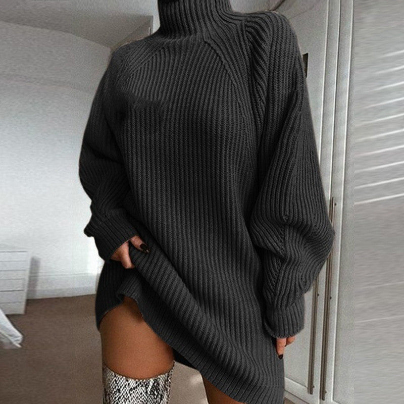 Damen Pulloverkleid mit hohem Kragen und strukturiertem Strickmuster ModeGeist