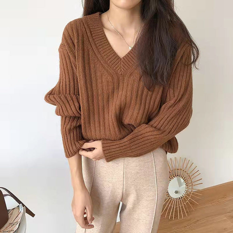 Damen Viskose-Strickpullover mit V-Ausschnitt und geripptem Design ModeGeist