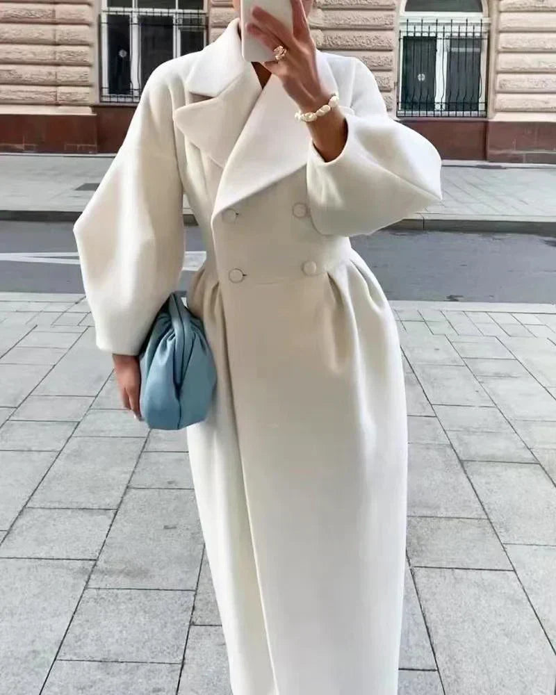 ModeGeist | Mantel - Zweireihiger Wollmix - Tailliert mit Weiten Ärmeln - Eleganter Kragen