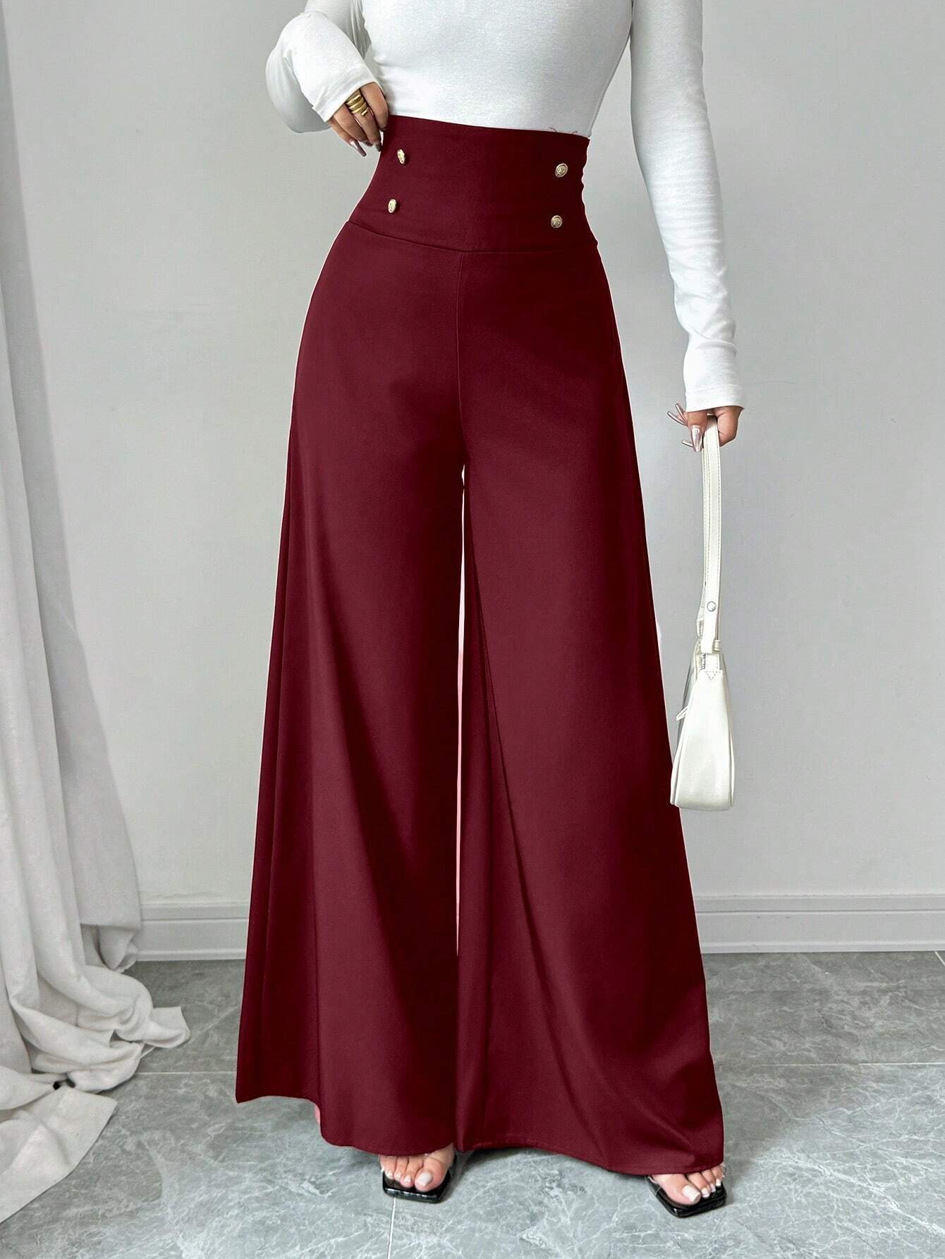 Damen Weite High-Waist Hose mit dekorativen Knöpfen ModeGeist