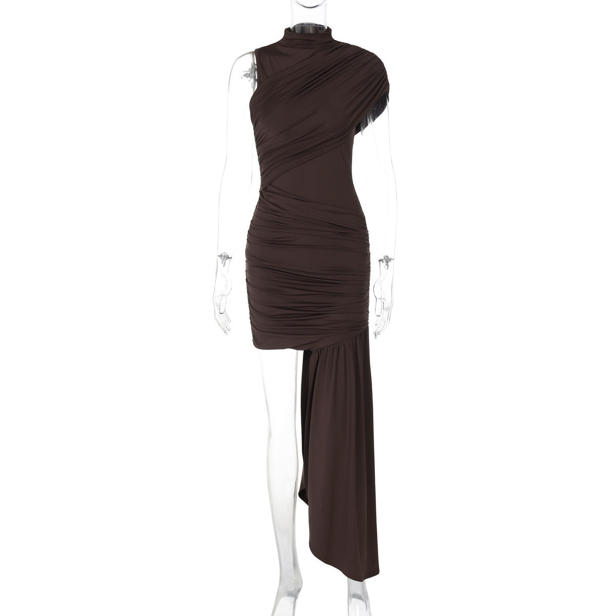 Elegantes Wickelkleid für Damen mit asymmetrischem Saum und raffinierten Rüschen – MODEGEIST