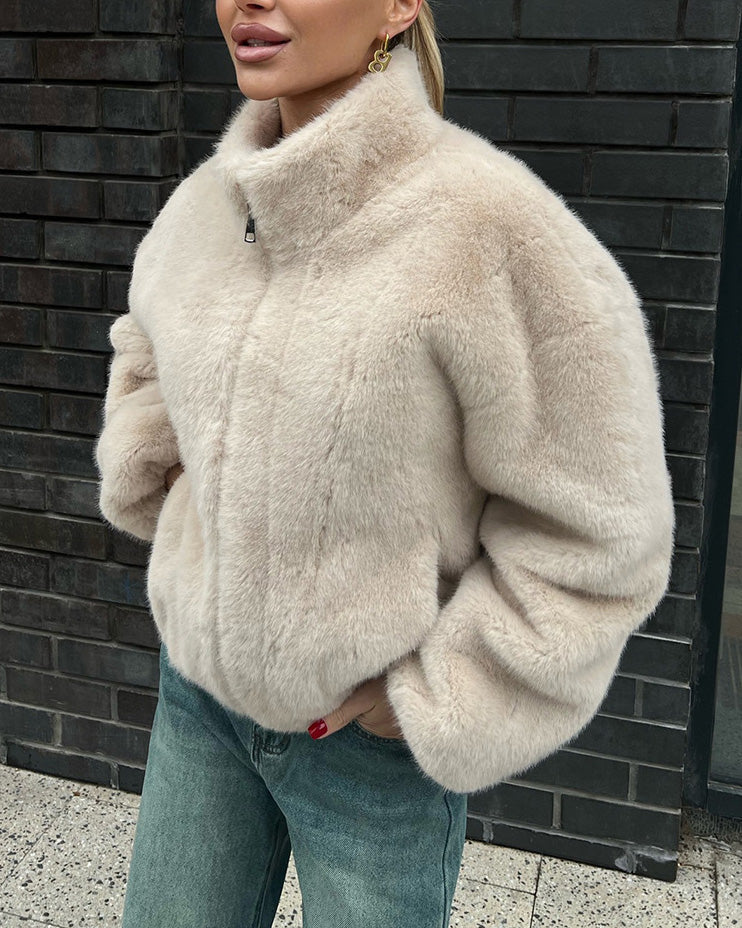 ModeGeist | Herbst Stehkragen Kurzer Plüschmantel