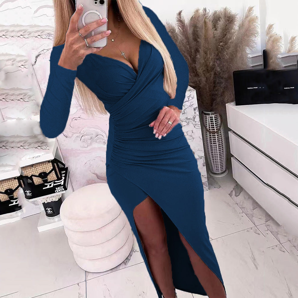 Damen elegantes Wickelkleid mit langen Ärmeln und Seitenschlitz ModeGeist