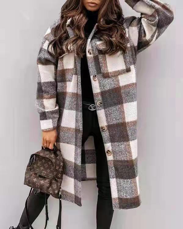 Damen Karierter Oversized-Hemd-Mantel mit praktischen Taschen ModeGeist