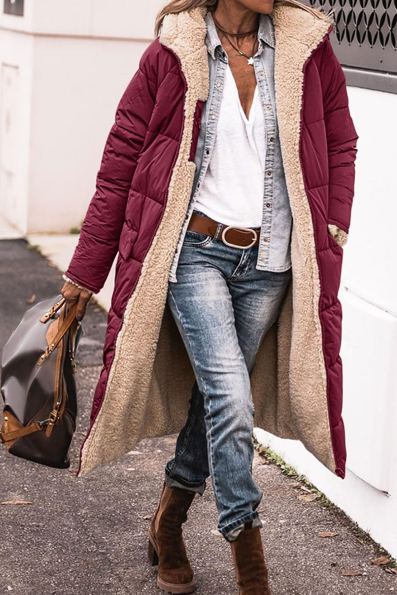 Damen gefütterte Langjacke mit Teddyfell-Innenfutter ModeGeist