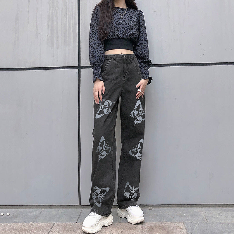 Damen Weit geschnittene Jeans mit kreativem Schmetterlingsdruck ModeGeist