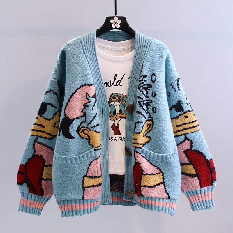 Damen Cartoon-Design Strickjacke mit breiten Ärmeln und Taschen ModeGeist