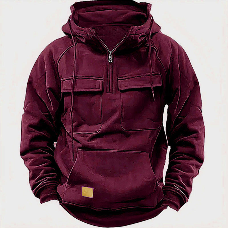Herren Utility Hoodie mit aufgesetzten Taschen und halbem Reißverschluss ModeGeist