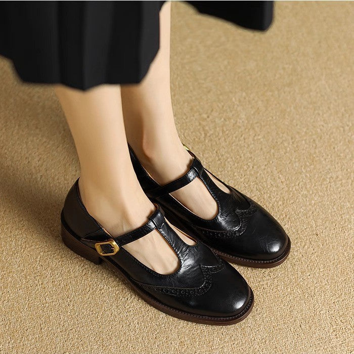 MODEGEIST Damen Mary Jane Schuhe Leder T-Riemen Blockabsatz Brogue