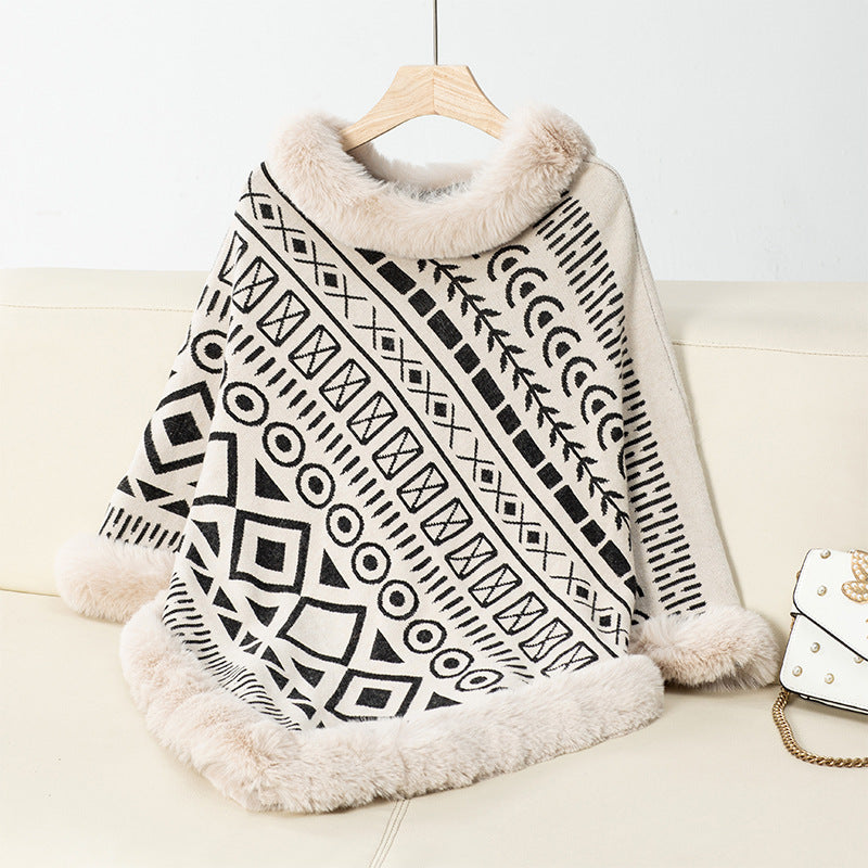 Damen modischer Poncho mit dekorativem Kunstfellkragen ModeGeist