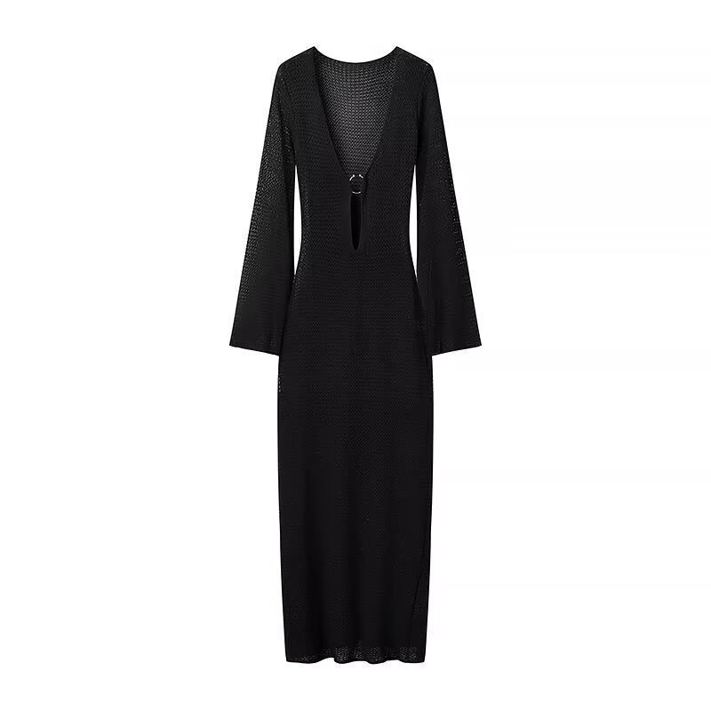 Elegantes Damen-Midi-Kleid mit V-Ausschnitt, langen Ärmeln und Ringdetail von MODEGEIST