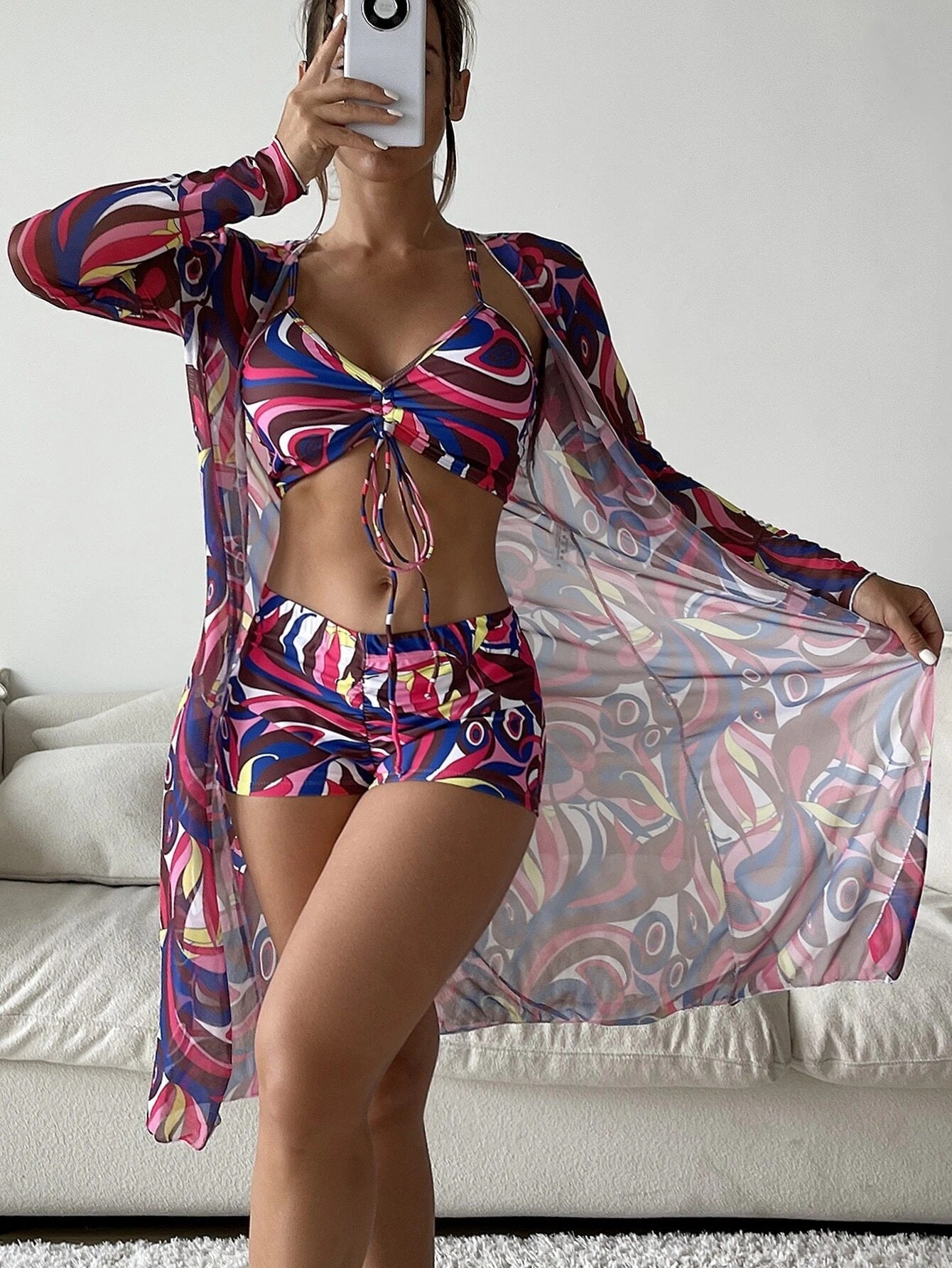 Modischer Damen Badeanzug mit Kimonoärmeln und transparentem Muster