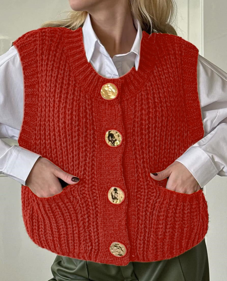 Damen gemütliche Strickweste mit großen Knöpfen und praktischen Taschen ModeGeist