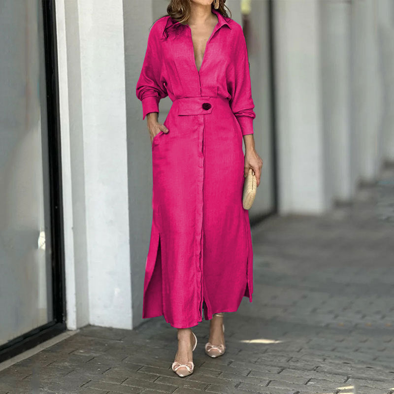 Damen Maxikleid aus leichtem Leinen mit eleganter Knopfleiste und praktischen Seitenschlitzen ModeGeist