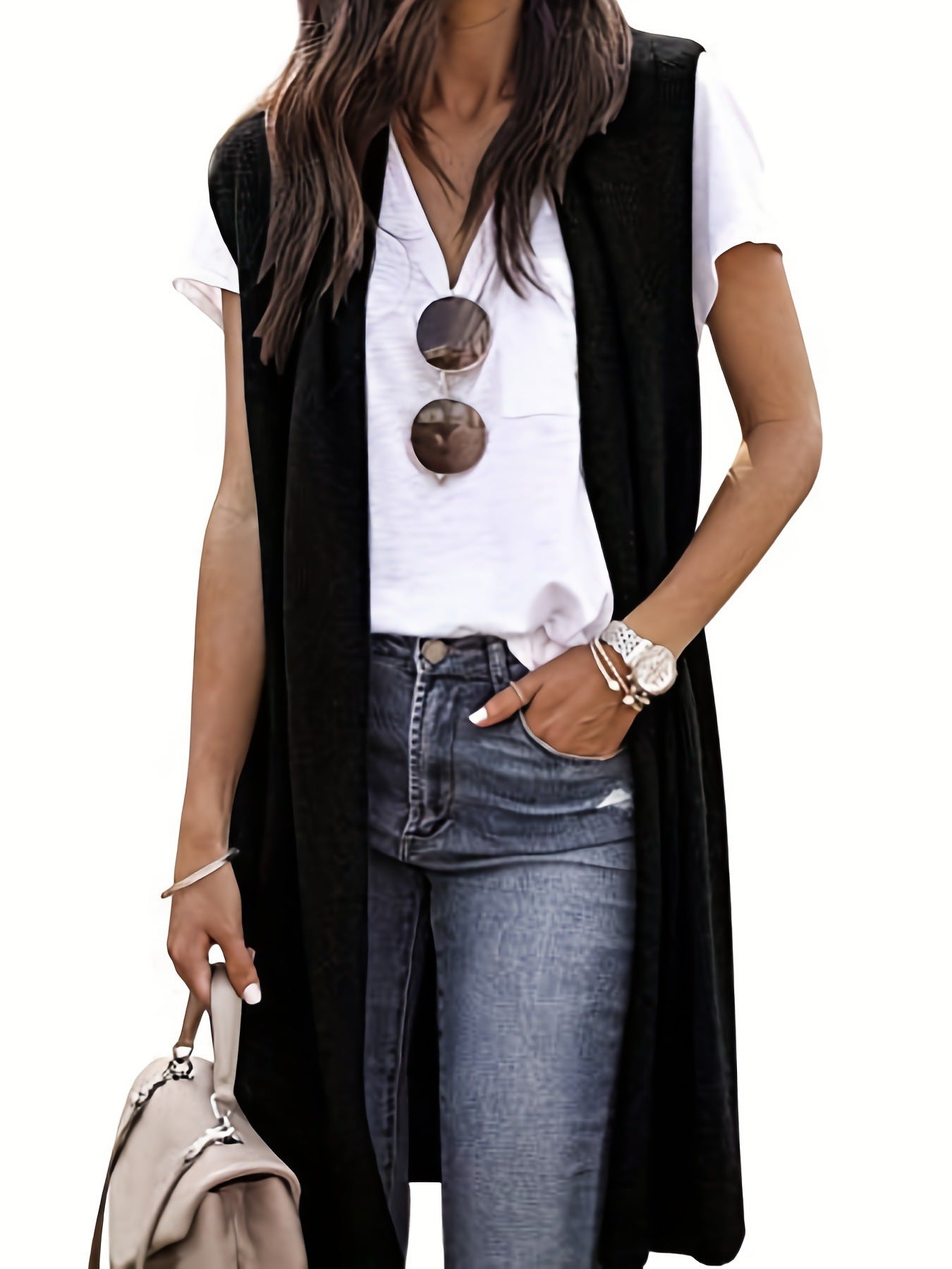 Damen longitudinaler Strickmantel mit Seitenschlitzen ModeGeist
