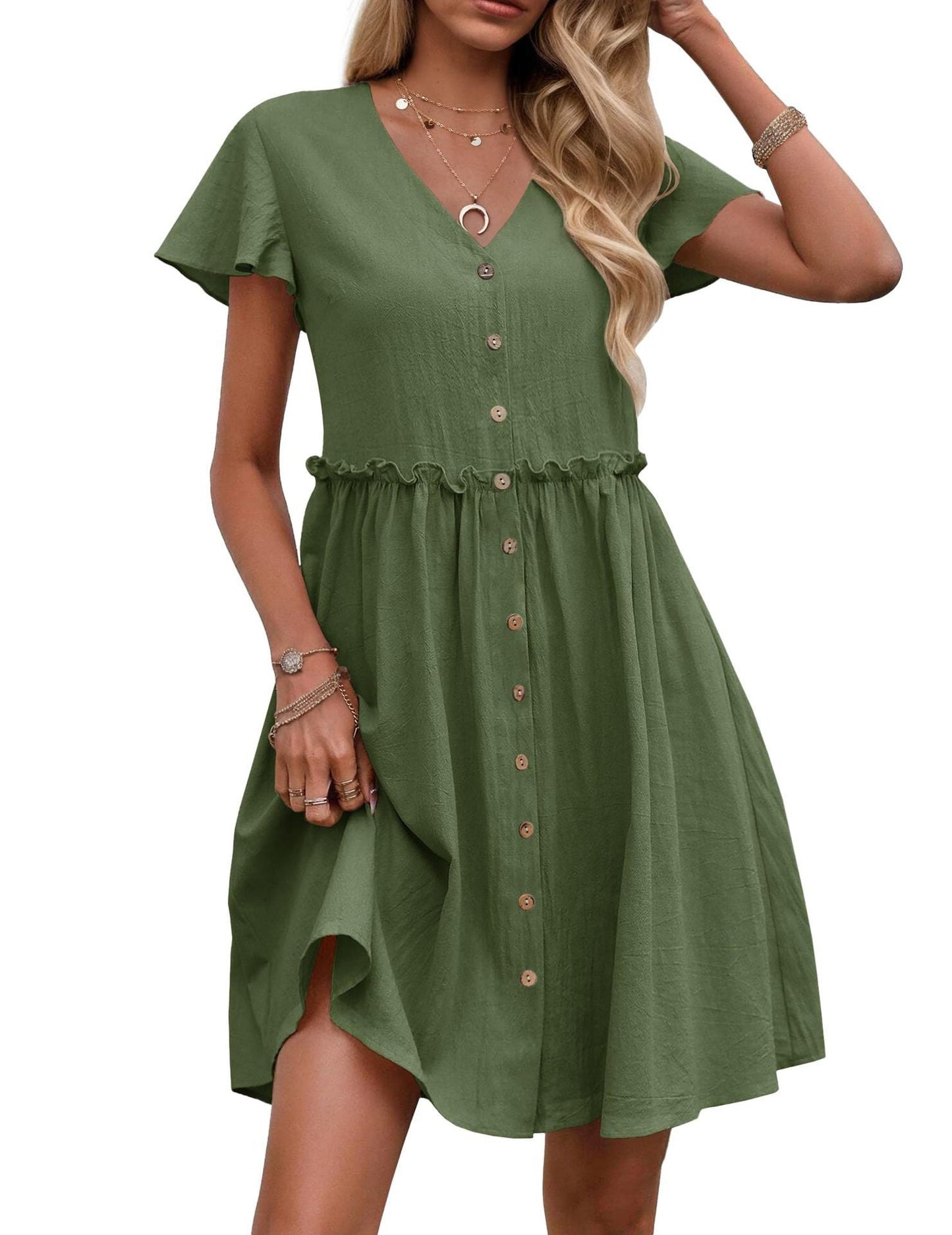 Leichtes Damen-Midi-Kleid mit Knöpfen und Volant von MODEGEIST