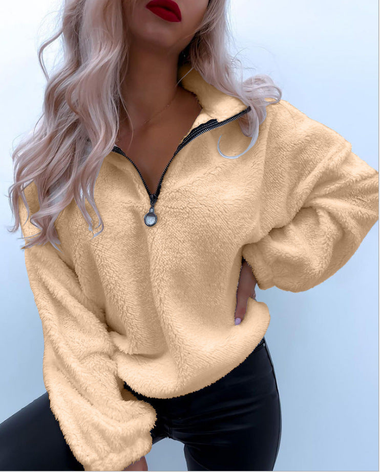 Modischer Damen-Fleecepullover mit kurzem Reißverschluss und weichem Teddyfleece
