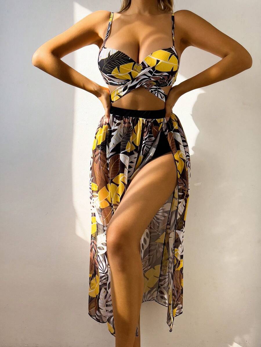 Tropischer Print Badeanzug Zweiteiler für Damen mit transparentem Cover-Up von MODEGEIST