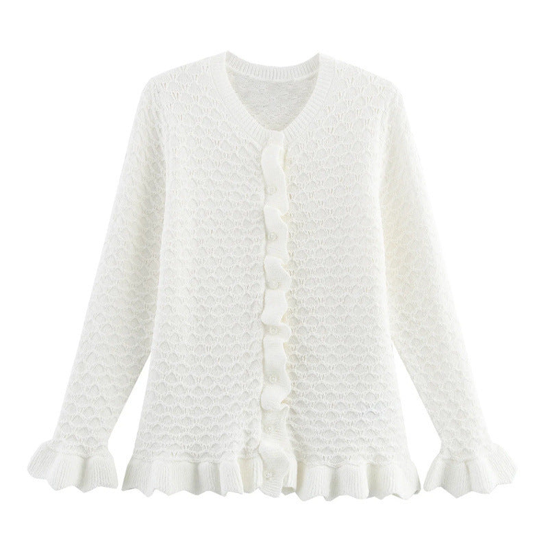 Damen Strickjacke mit Rüschendetails und Knopfleiste ModeGeist