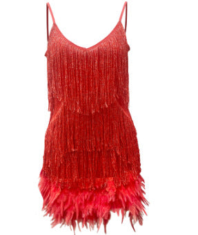 Damen Glitzerndes Abendkleid mit Federn und schimmernden Akzenten ModeGeist