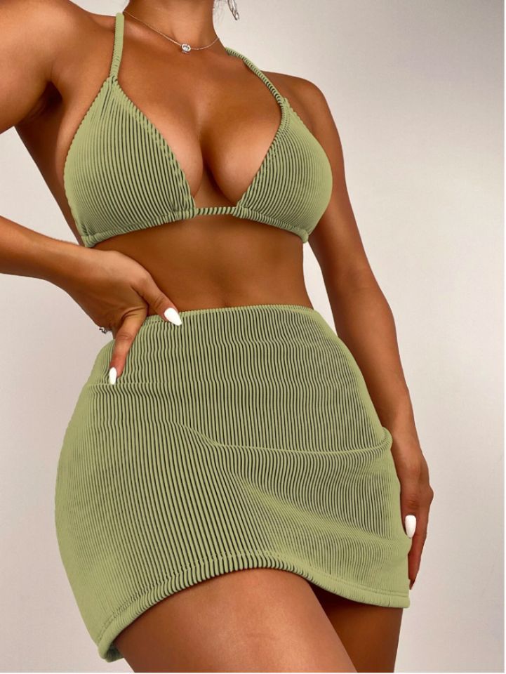 Women's Ribbed Knit Triangle Bikini Top and Mini Skirt Set - Trendy Style
