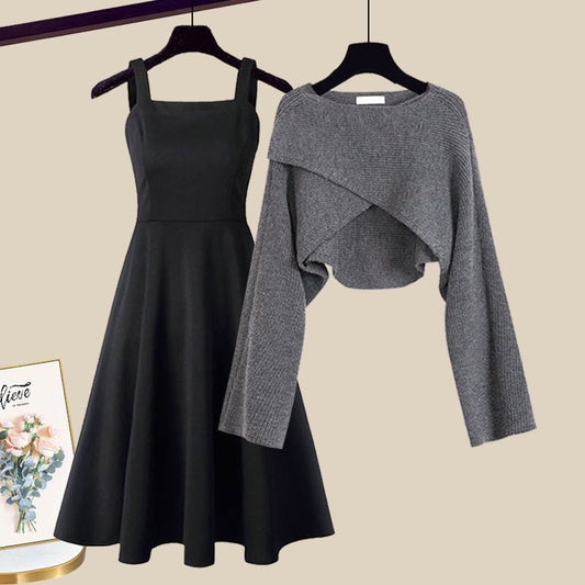 MODEGEIST Damen 2-in-1 Strickkleid-Set Grau A-Linie